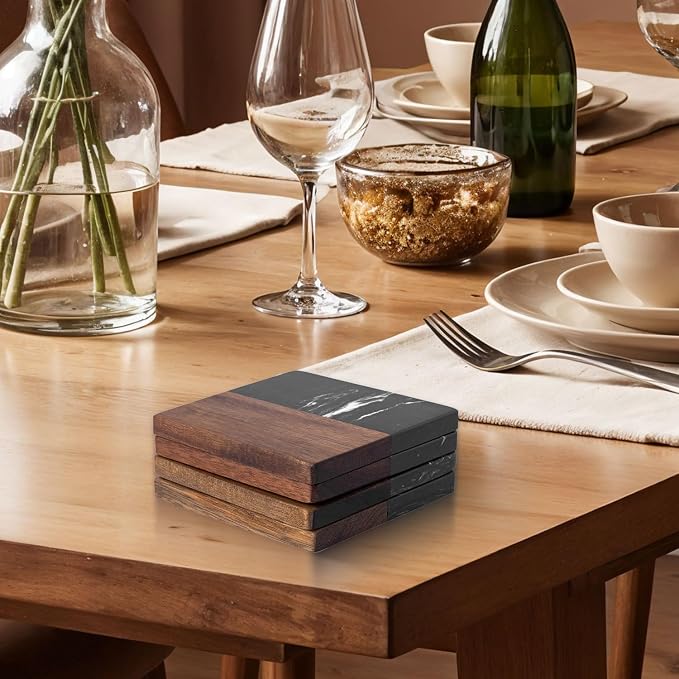 Marble Coasters: 4-Piece Set of Acacia Wood Marble Coasters, Suitable - Image 7