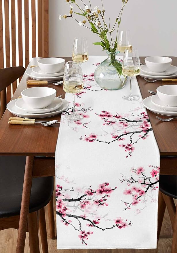 Pink Cherry Flowers Short Table Runners 48 Inches, Cotton Linen Fabric Table - Image 2