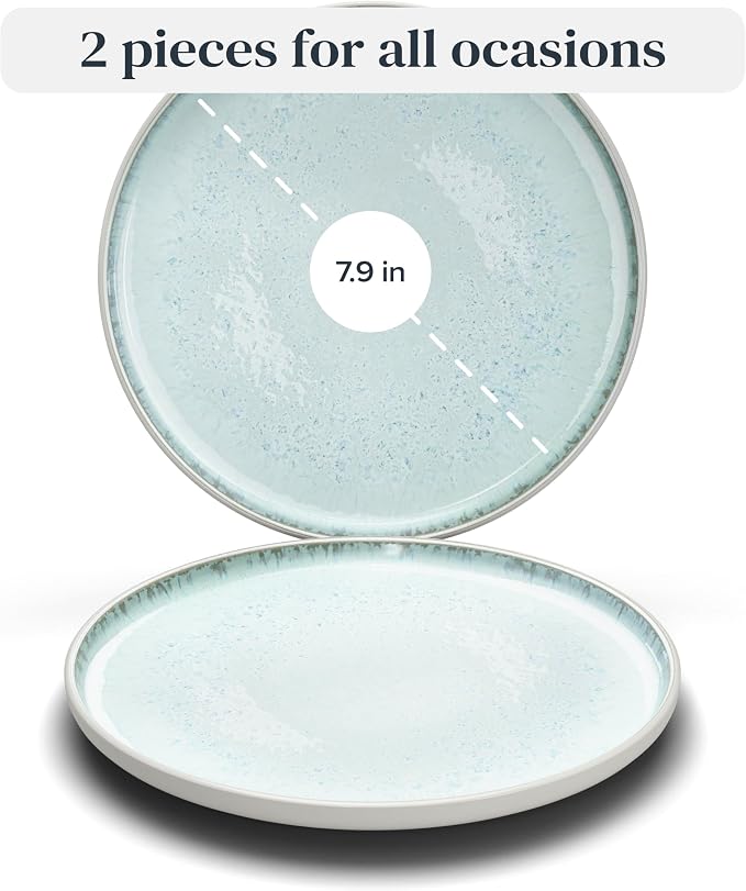Stoneware breakfast & dessert plates set 2 pcs – Light beige & blue stylish - Image 3