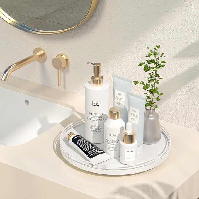 Oroyutor 12-Inch Oak Lazy Susan Vanity Tray, toiletries and decor on kitchen - Image 2
