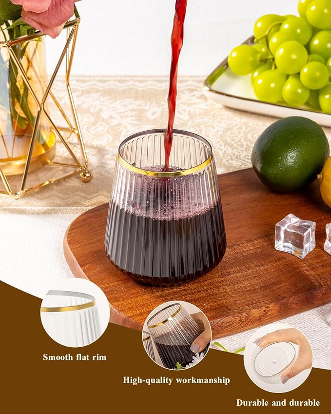 Goodluck 120 Pack 12oz Stemless Ribbed Plastic Wine Glasses Gold Rim | Clear - Image 2