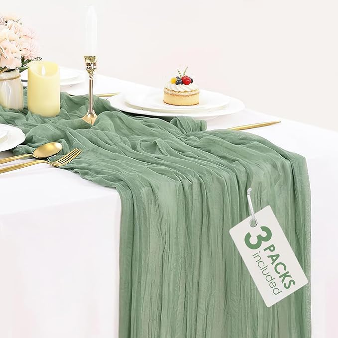 3 Pack Sage Green Cheesecloth Table Runner 35x120 inch, Semi Sheer Boho Gauze by BlueTopCoLtd
