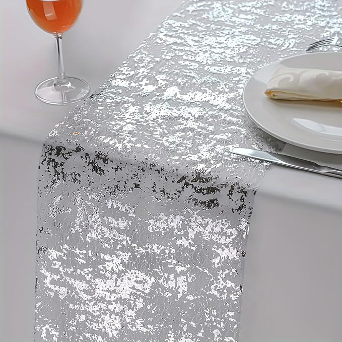 Snowkingdom Glitter Metallic Silver Table Runner 11 Inch x 32 Feet Thin Mesh - Image 2