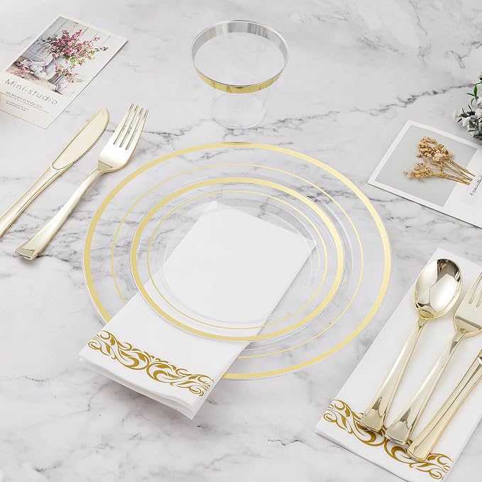 BESTVIP 175 PCS Clear Gold Plastic Plates and Silverware Set Disposable | Gold - Image 3
