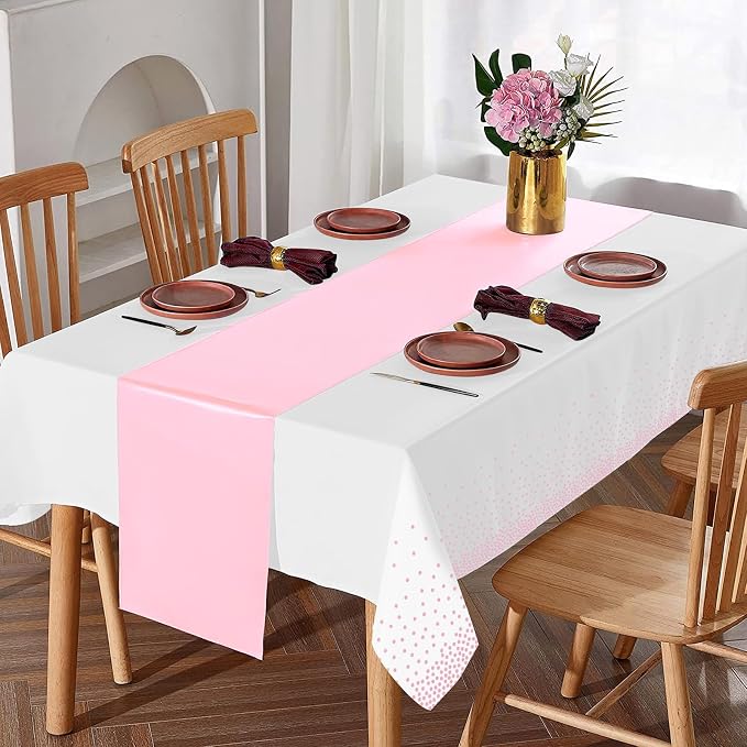 8Pack Disposable Plastic Tablecloths and Satin Table Runner Set White Pink Dot - Image 5