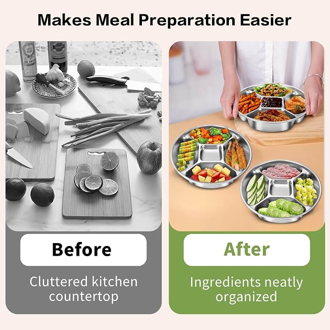 5 Compartments Stainless Steel Kids Plates | 8.8'' Round Metal Toddler Divided - Image 5