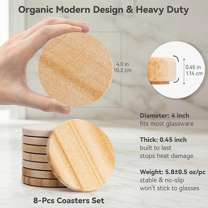 Sandstone Coasters Set of 8, Absorbent Stone Coasters - Image 4