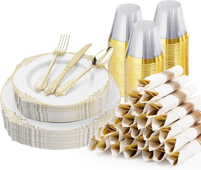Bestluck 175PCS Gold Disposable Dinnerware by Bestluck