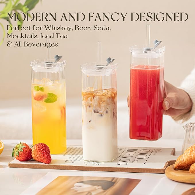 6 Sets Square Drinking Glass Cups, Old Fashioned Glasses, 17 Oz Square Glasses - Image 2