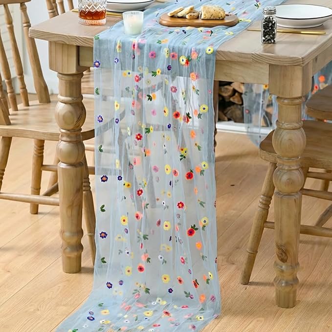 Artoid Mode Blue Embroidery Daisy Gauze Table Runner 120 Inch 10FT | Seasonal - Image 4