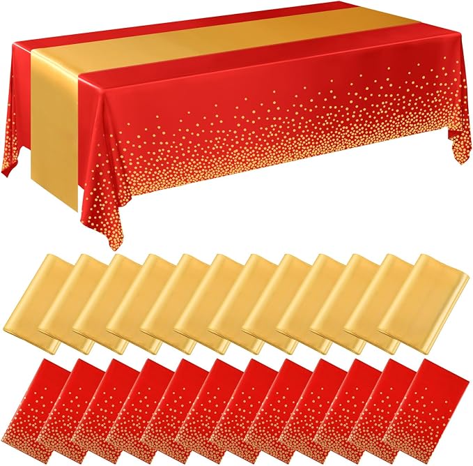 24 Pack Red and Gold Disposable Plastic Tablecloths and Satin Table Runner Set by Breling
