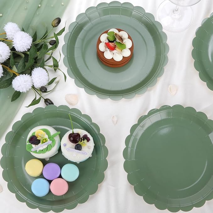 52 Pcs Sage Green Paper Plates 7 Inch Scalloped Dessert Plates - Image 4