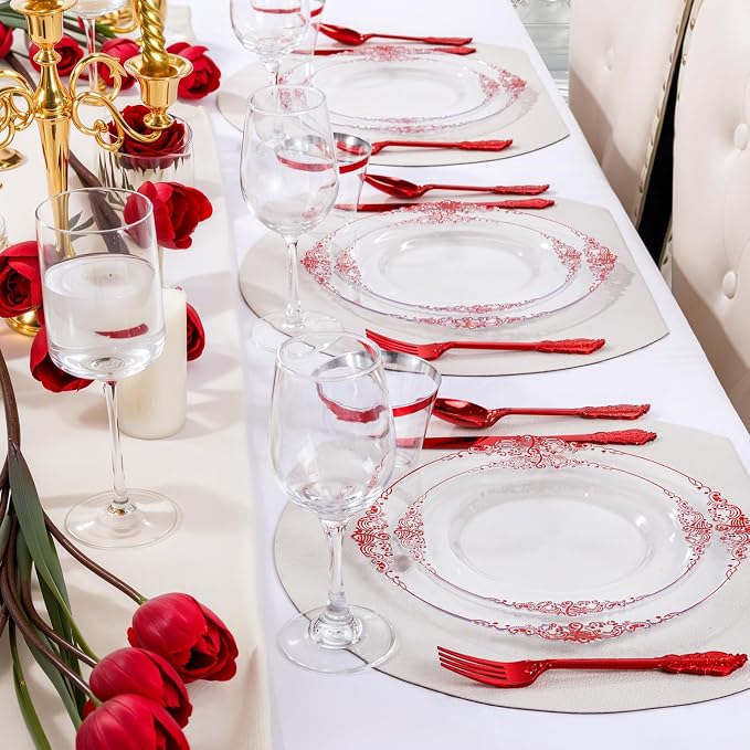 Nervure 100Pcs Clear Red Plastic Plates, Party Plates Set - Image 6