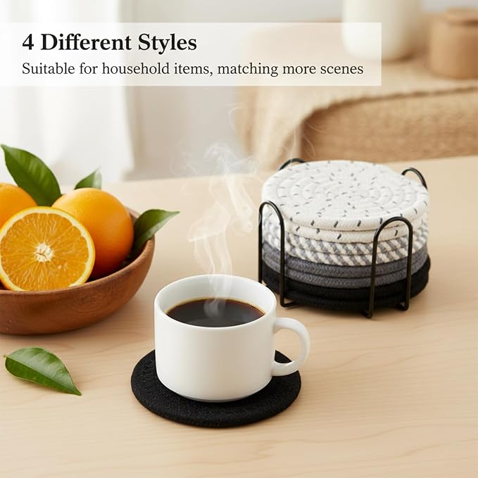 Drink Coasters Set of 8 with Holder, Cotton Woven | Absorbent cotton woven - Image 2