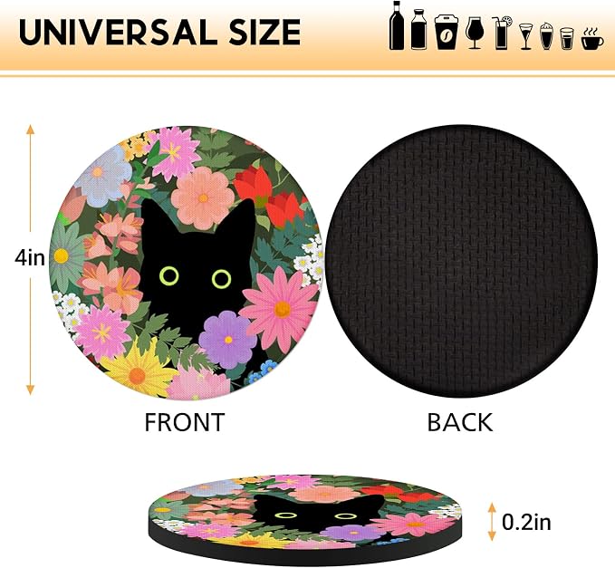 Swooflia Coasters for Drinks Coffee Table, Flower Black Cat Cute Colorful - Image 4