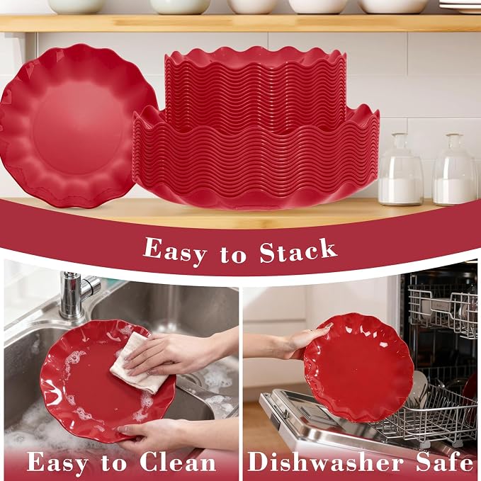 LIYH 50 Pcs Red Plastic Plates Reusable Christmas Plastic Plates Unbreakable - Image 7