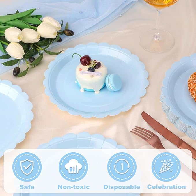 52 Pcs Light Blue Paper Plates 7 Inch Scalloped Dessert Plates - Image 5