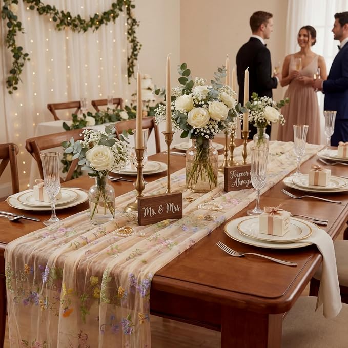 Champagne Floral Table Runner 10ft Embroidery Tulle Spring Wildflower Table - Image 7