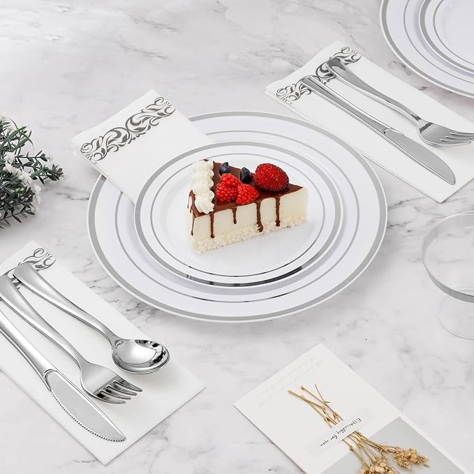 BESTVIP 700 PCS Disposable Silver Plates and Silverware Set - Image 3