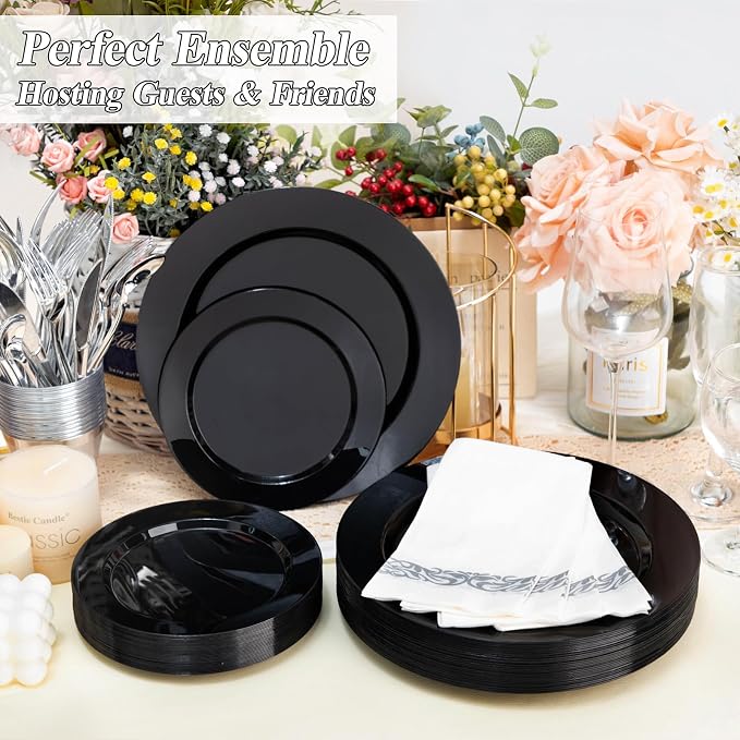 BESTSTAR 100PCS Black Plastic Plates Set | 50 10.25 inch Dinner Plates and 50 - Image 3