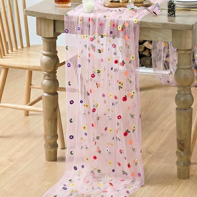 Artoid Mode Pink Embroidery Daisy Gauze Table Runner 120 Inch 10FT | Seasonal - Image 4