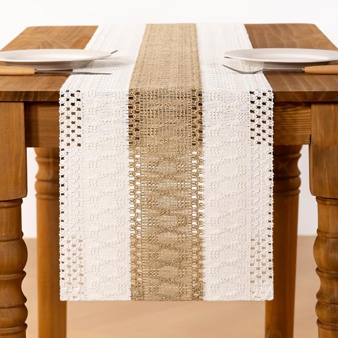Ivory & Burlap Boho Table Runner Farmhouse Woven Table Runner 12x60 Inch | - Image 3