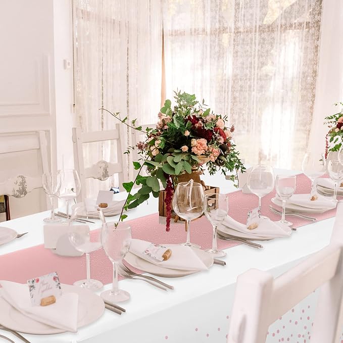 8Pack Disposable Plastic Tablecloths and Satin Table Runner Set White and Rose - Image 6