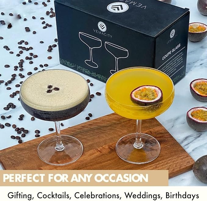VEMACITY - Elegant Handblown Coupe Cocktail Glasses Set of 2 - Crystal Espresso - Image 5