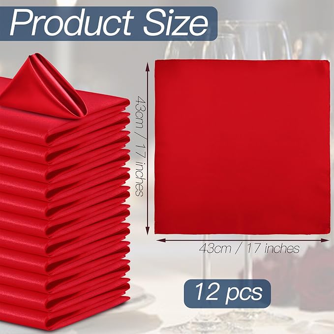 P Pothuiny 12 Pcs Red Satin Napkins 17 x 17 Inch, Satin Cloth Napkins | Square - Image 2