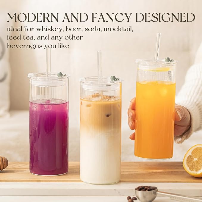 KEMORELA 6-Pack 18oz Ribbed Glass Cups - Image 3