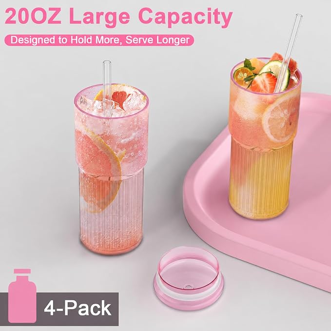 Luiaiog Glass Cups with Lids and Glass Straws, High Borosilicate 20OZ Pink - Image 7