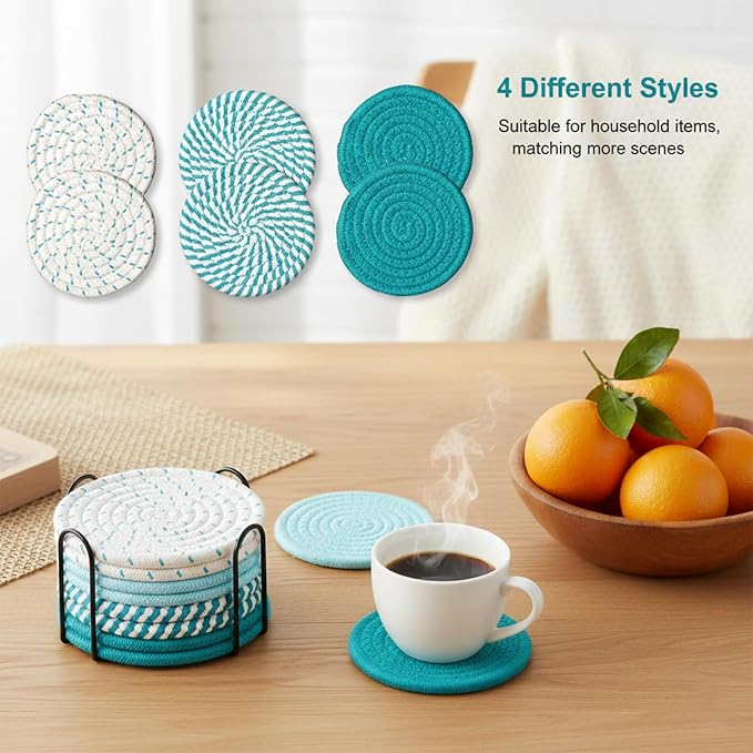 Drink Coasters Set of 8 with Holder, Cotton Woven | Absorbent cotton woven - Image 2
