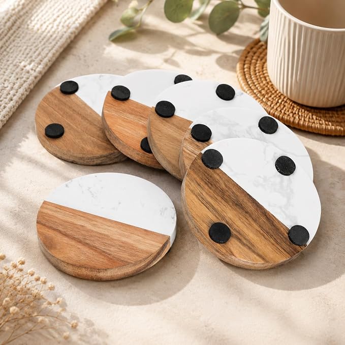 6 Packs Marble Wood Coasters, Round Coaster, Handcrafted Artificial Marble - Image 3