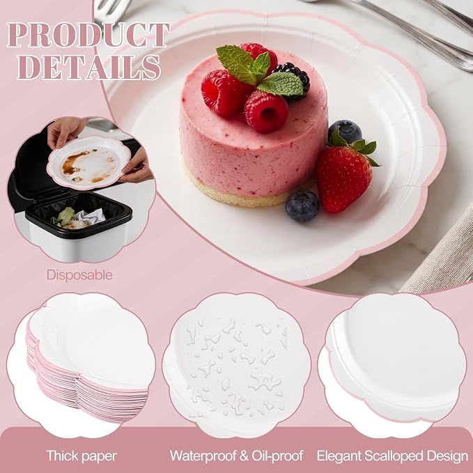 30 Pcs Pink and White Paper Plates, 9 Inch White Plates - Image 3