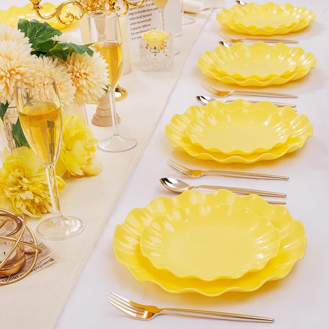 LIYH 24Pcs Yellow Plastic Plates Reusable, Dinner And Salad Set - Image 6
