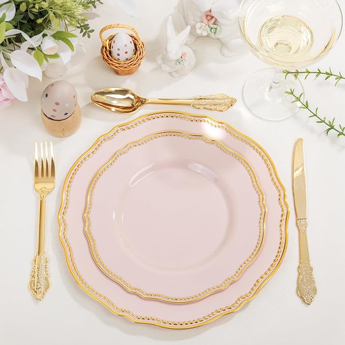 60 Pcs Pink Gold Dinner Plates for Wedding | 10 inch Heavy-duty Disposable - Image 3