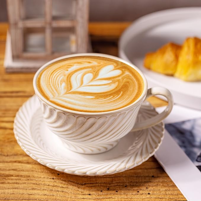 Ceramic Latte Cup with Saucer, 12 OZ Cappuccino Cup Vintage Cafe Art Cups - Image 2