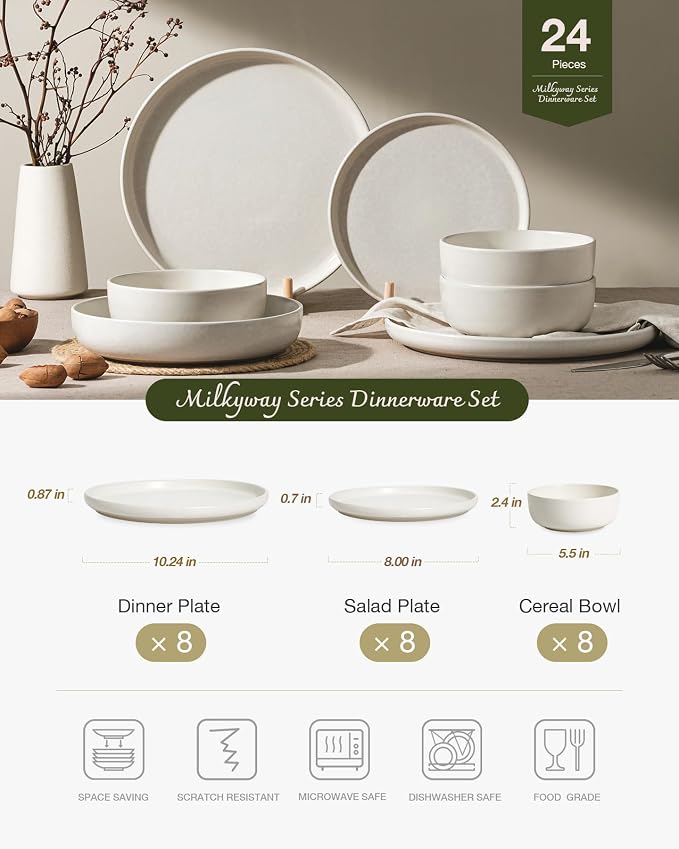 Famiware Milkyway 24-Piece Stoneware Dinnerware Set, Matte Beige White | Plates - Image 2