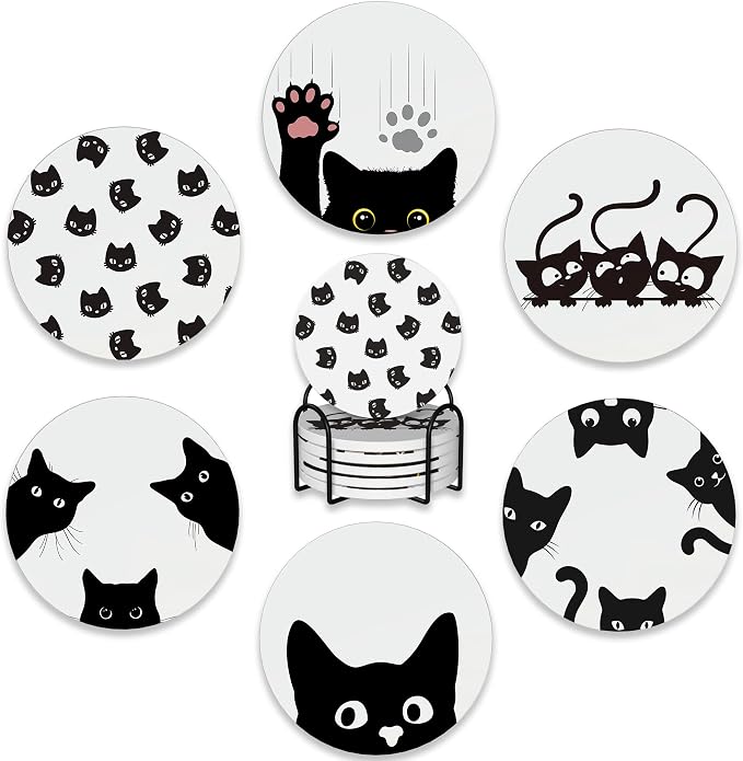 Drink Coasters Set of 6 with Holder, Cute Black Cat Absorbent Ceramic Coasters by BUYIDUI