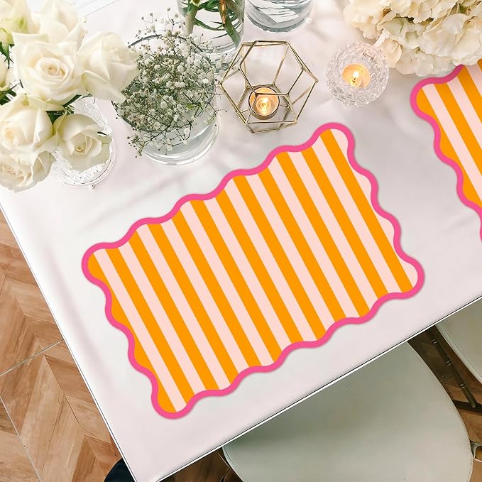 JarThenaAMCS 60 Pcs Stripe Scalloped Paper Placemats Table Mats 11 x 17 Inch - Image 3