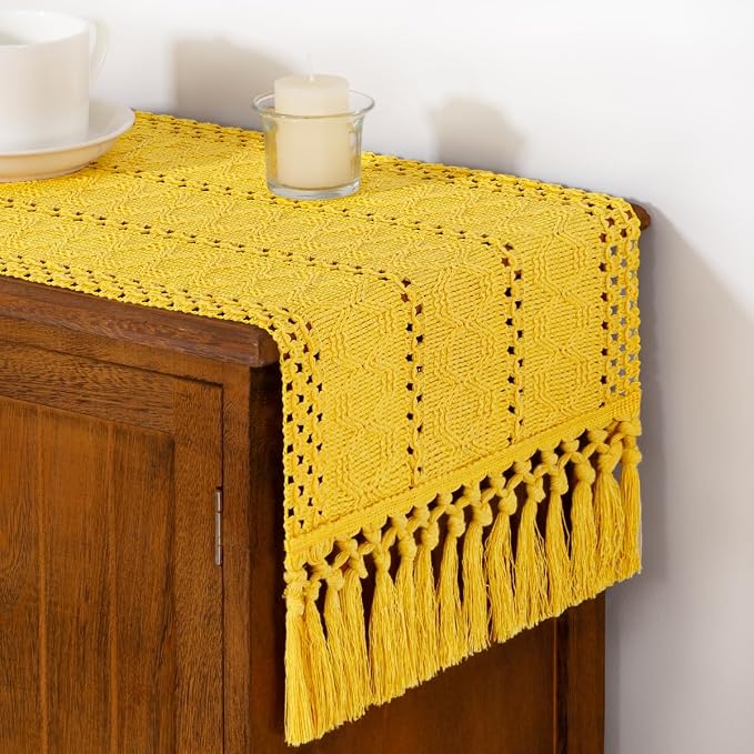 DeZerlor Yellow Boho Macrame Farmhouse Woven Table Runner 108Inch | Cotton - Image 4
