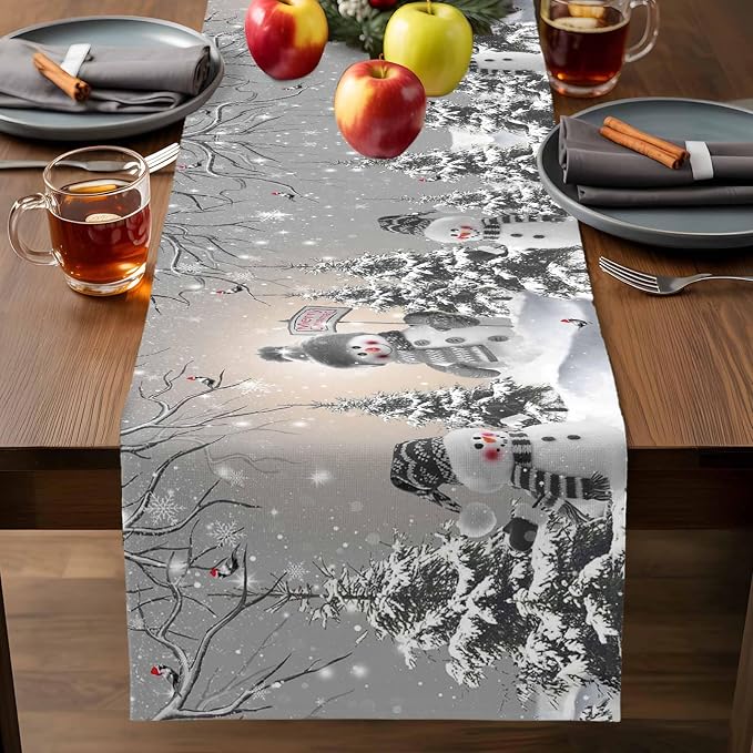 Christmas Snowman Short Table Runners 48 Inches, Cotton Linen Fabric Snowflake - Image 7