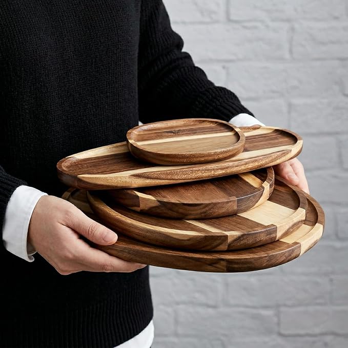 Okllen Set of 5 Small Acacia Wood Serving Platter and Trays, Irregular Oval - Image 5