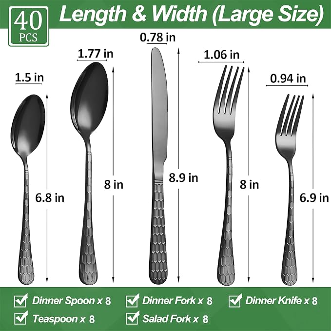 40 Pcs Black Silverware Set for 8, Food Grade Stainless Steel Flatware Set - Image 2
