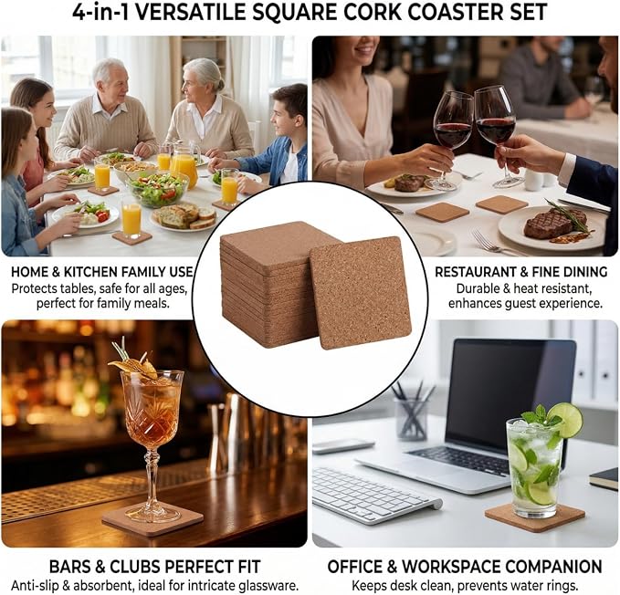 Tebery 30 Pack 4 Inch Square Cork Coasters, 0.2'' Thick Absorbent Drink Pads - Image 6