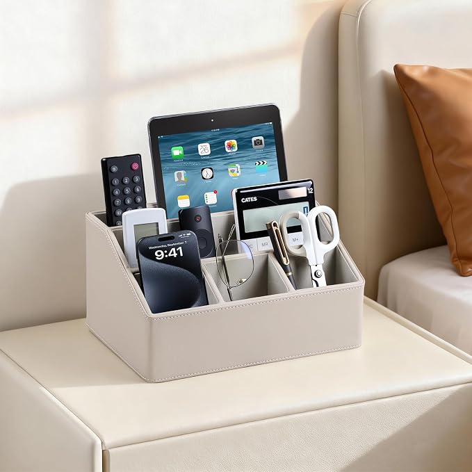 PU Leather Desk Organizer, Remote Control Holder, Dark Beige | Luxury - Image 3