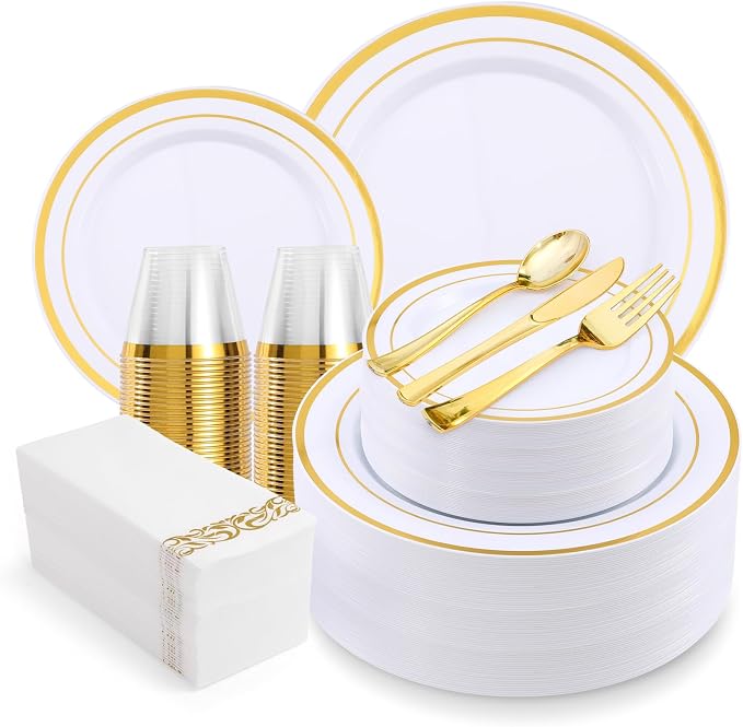 700-Piece Gold Rim Plastic Dinnerware Set by VajilaPhil