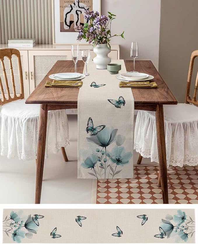 Turquoise Floral Table Runners 120 Inches Long, Spring Flowers Butterfly Table - Image 6