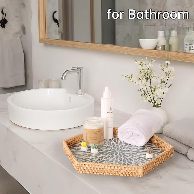 Hexagon Rattan Tray with Mother of Pearl Inlay, Rattan Serving Tray - Image 8
