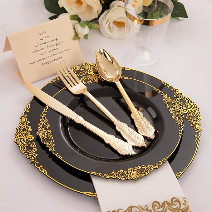 350 Pcs Black Gold Plates for Graduation | Black Party Plates Set for 50 Guests - Image 8